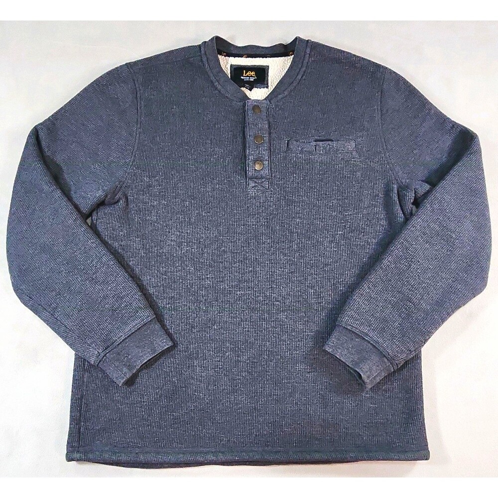 Lee Men's Blue Waffle-Knit Henley Sweater Long Sleeve Pockets Size M